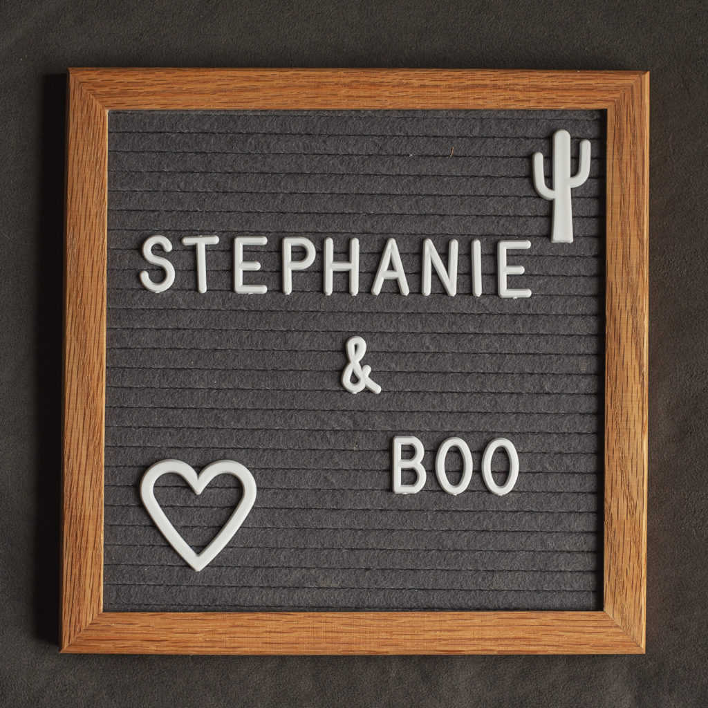 letter board with the words stephanie and boo put on it with a heart and a cactus