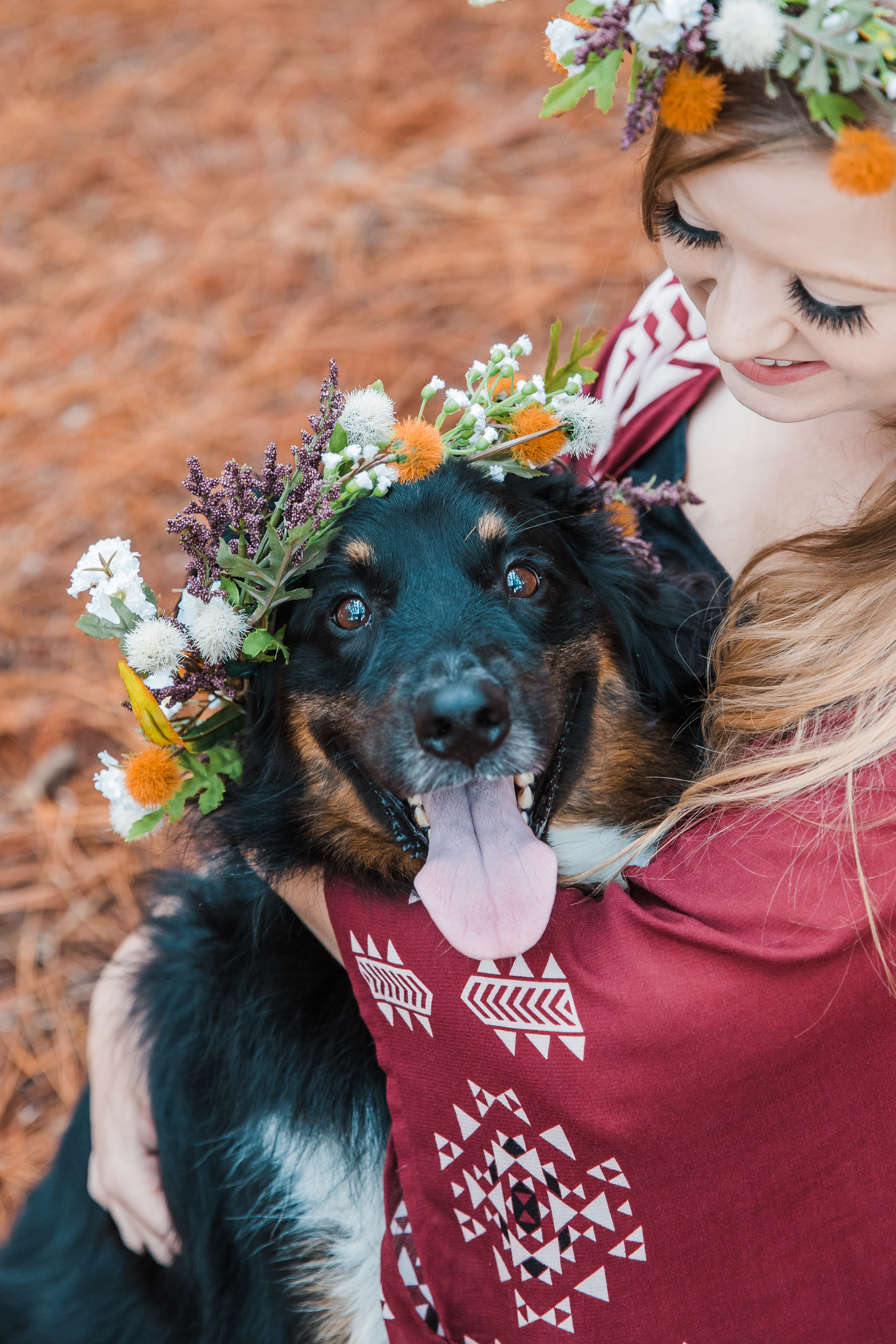 girl looks at dog, dog looks at camera both wearing flower crowns for pet photoshoot in central florida
